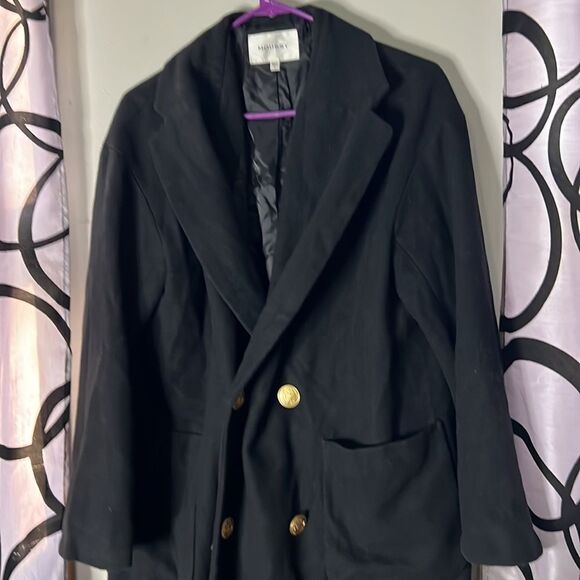 Moussy Vintage Black Trench Overcoat Size Small with Nautical Gold Buttons - Picture 5 of 13